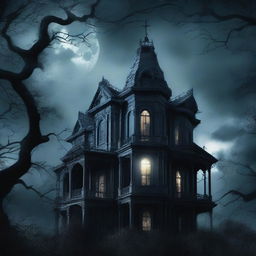 A chilling horror book cover featuring a dark, haunted mansion on a stormy night