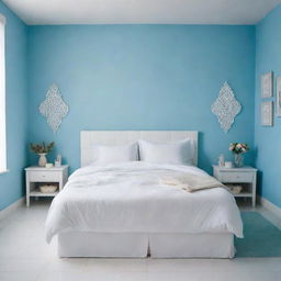 Scenes viewed from several angles featuring a neatly arranged white bed with matching cushions in a girl's room, in a Latin American setting. The room boasts a sky blue wall and a white tiled floor, with the immaculate, organized white bed being the main focus.