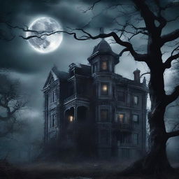 A chilling horror book cover featuring a dark, haunted mansion on a stormy night