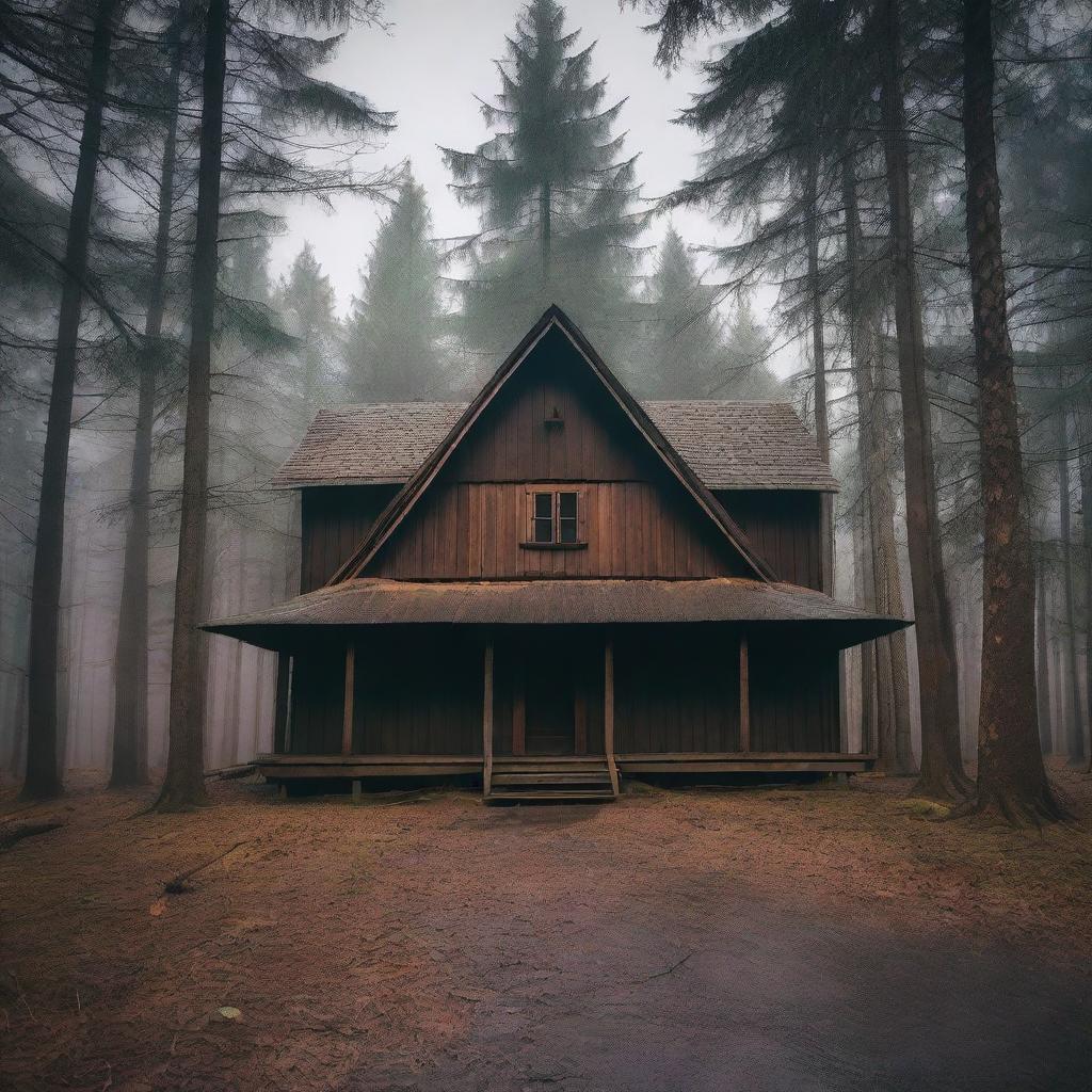 A gloomy vintage cabin in the woods, surrounded by tall trees with dark, overcast skies