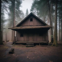 A gloomy vintage cabin in the woods, surrounded by tall trees with dark, overcast skies