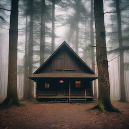 A gloomy vintage cabin in the woods, surrounded by tall trees with dark, overcast skies