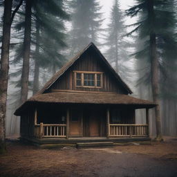 A gloomy vintage cabin in the woods, surrounded by tall trees with dark, overcast skies