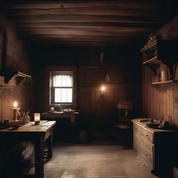 A detailed image of the interior of a gloomy vintage cabin