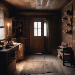 A detailed image of the interior of a gloomy vintage cabin