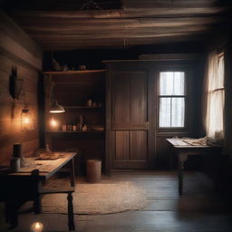 A detailed image of the interior of a gloomy vintage cabin