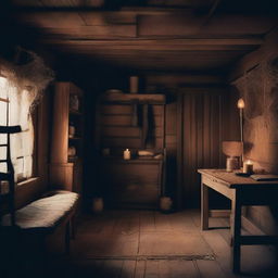 A detailed image of the interior of a gloomy vintage cabin