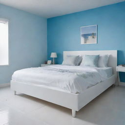 Close-up, multi-angle views of a tidy white bed with matching cushions in a girl's room, set in a Latin American context with a sky blue wall and white tiled floor. The main emphasis is placed on capturing the pristine details of the orderly white bed.