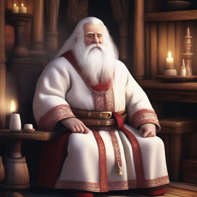 An old medieval dwarf with white hair and a beard, wearing a white worn robe with red details