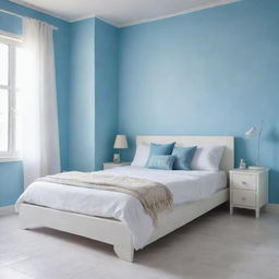 Close-up, multi-angle views of a tidy white bed with matching cushions in a girl's room, set in a Latin American context with a sky blue wall and white tiled floor. The main emphasis is placed on capturing the pristine details of the orderly white bed.