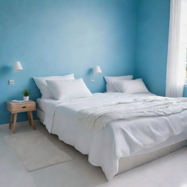 Close-up, multi-angle views of a tidy white bed with matching cushions in a girl's room, set in a Latin American context with a sky blue wall and white tiled floor. The main emphasis is placed on capturing the pristine details of the orderly white bed.