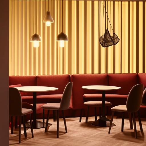 Imaginary reinvention of a chic and welcoming café interior with modern furnishings, ambient lighting, and cozy seating arrangements.