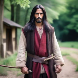 A medieval middle age man, nomad, with brown skin and long black hair