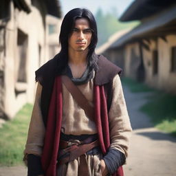 A medieval young man, nomad, with brown skin and long black hair