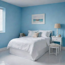 Close-up, multi-angle views of a tidy white bed with matching cushions in a girl's room, set in a Latin American context with a sky blue wall and white tiled floor. The main emphasis is placed on capturing the pristine details of the orderly white bed.