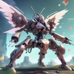 A combat mecha piloted by a fairy, featuring intricate mechanical details and ethereal elements