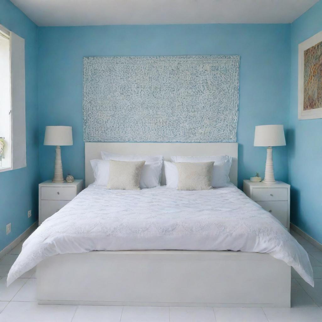 Overhead and close-up perspectives of a neatly arranged white bed with matching cushions in a girl's room. The setting is a Latin American locale with a sky blue wall and white tiled floor. The main emphasis is on the intricately detailed, tidy white bed.