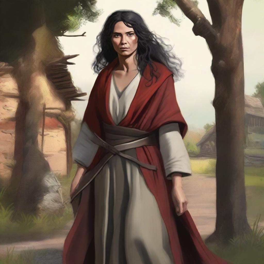 A medieval middle-aged woman, nomad, with brown skin and long curly black hair