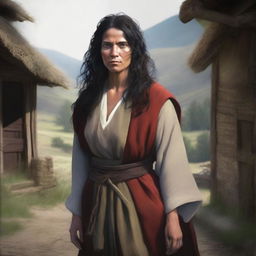 A medieval middle-aged woman, nomad, with brown skin and long curly black hair