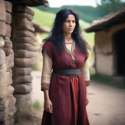 A medieval middle-aged woman, nomad, with brown skin and long curly black hair