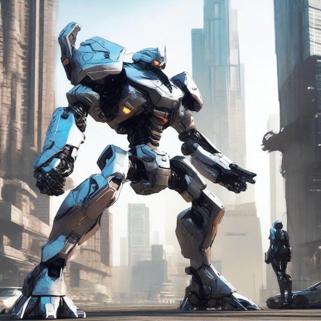 A humanoid mecha equipped with a sword, shield, and a revolver