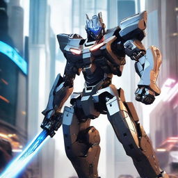 A humanoid mecha equipped with a sword, shield, and a revolver