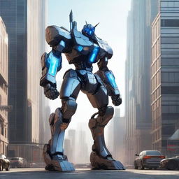 A humanoid mecha equipped with a sword, shield, and a revolver