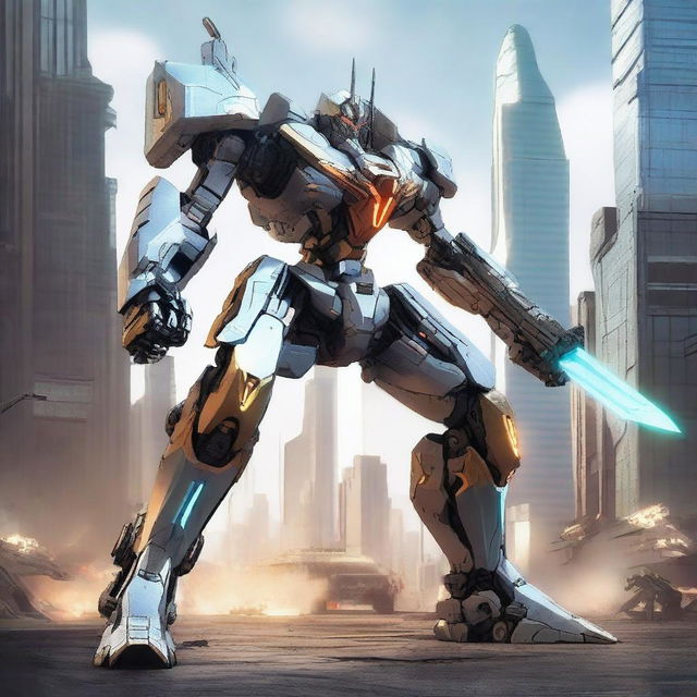 A humanoid mecha equipped with a sword, shield, and a revolver