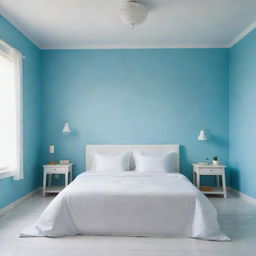 Overhead and close-up perspectives of a neatly arranged white bed with matching cushions in a girl's room. The setting is a Latin American locale with a sky blue wall and white tiled floor. The main emphasis is on the intricately detailed, tidy white bed.