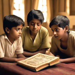 Three boys discovering a mysterious book in their house, which reveals secrets about Indian history