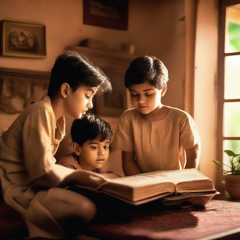 Three boys discovering a mysterious book in their house, which reveals secrets about Indian history