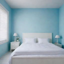 Overhead and close-up perspectives of a neatly arranged white bed with matching cushions in a girl's room. The setting is a Latin American locale with a sky blue wall and white tiled floor. The main emphasis is on the intricately detailed, tidy white bed.