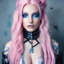 A white woman with long pastel pink hair and blue eyes, wearing smoky makeup and dressed in BDSM attire