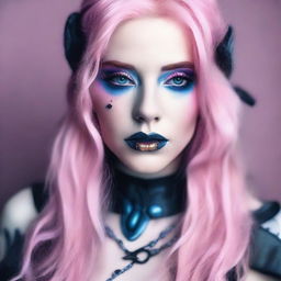 A white woman with long pastel pink hair and blue eyes, wearing smoky makeup and dressed in BDSM attire