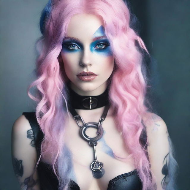 A white woman with long pastel pink hair and blue eyes, wearing smoky makeup and dressed in BDSM attire