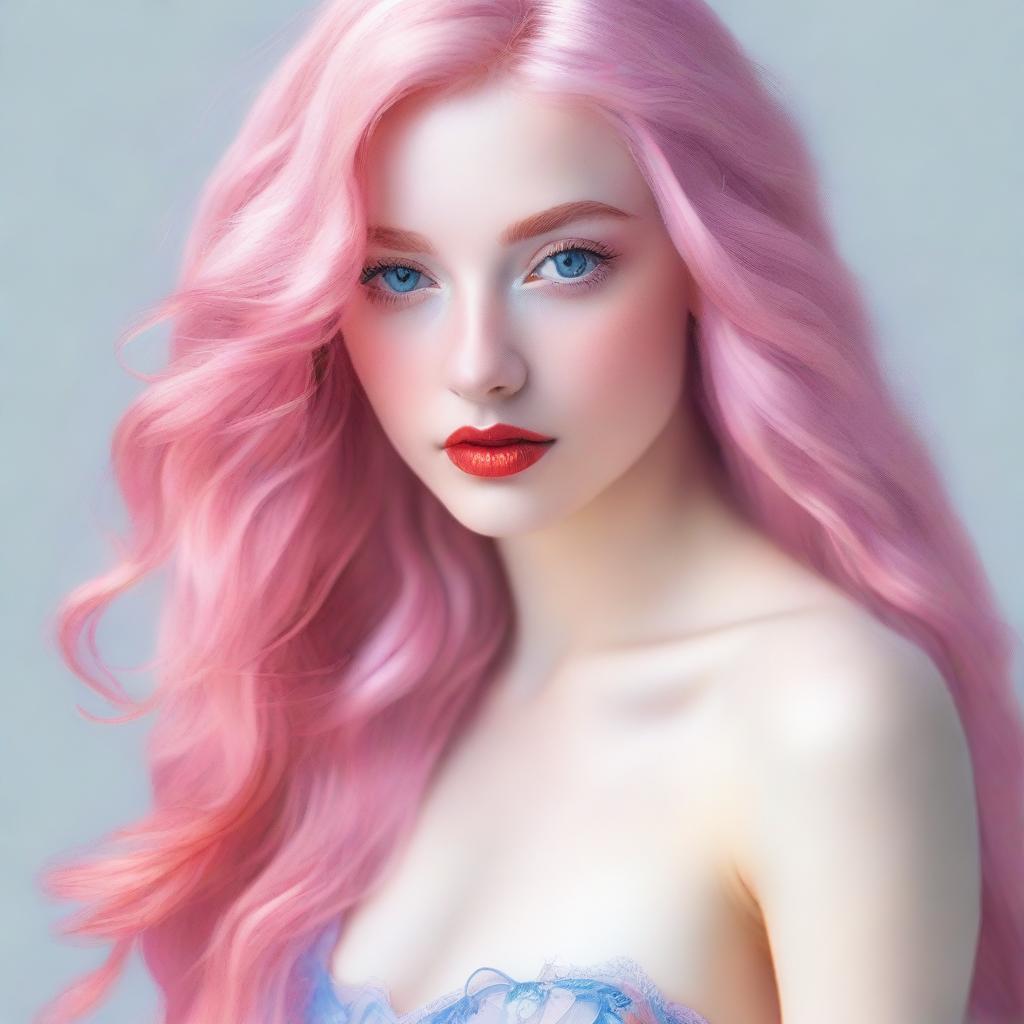 A white woman with long pastel pink hair and blue eyes, wearing red lingerie, touching her hair