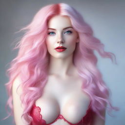 A white woman with long pastel pink hair and blue eyes, wearing red lingerie, touching her hair