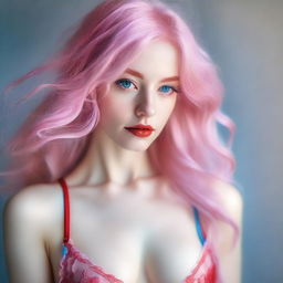 A white woman with long pastel pink hair and blue eyes, wearing red lingerie, touching her hair