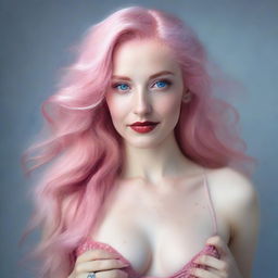 A white woman with long pastel pink hair and blue eyes, wearing red lingerie, touching her hair