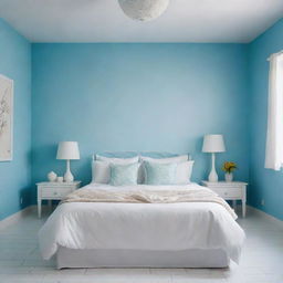 Overhead and close-up perspectives of a neatly arranged white bed with matching cushions in a girl's room. The setting is a Latin American locale with a sky blue wall and white tiled floor. The main emphasis is on the intricately detailed, tidy white bed.