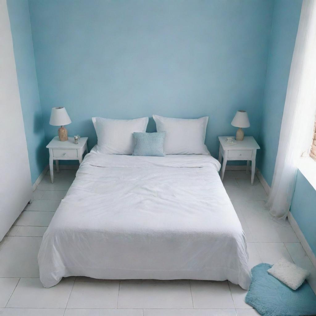 A close-up, birds-eye view of a pristine white bed with matching cushions in a girl's organized room, set in a Latin American locale, featuring a sky-blue wall and white tiled floor, with the main focus being the meticulously tidy white bed.