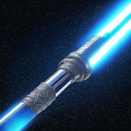 A highly detailed image of a lightsaber, glowing brightly with a blue blade