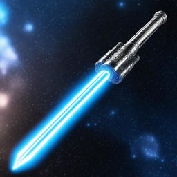 A highly detailed image of a lightsaber, glowing brightly with a blue blade