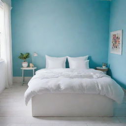 A close-up, birds-eye view of a pristine white bed with matching cushions in a girl's organized room, set in a Latin American locale, featuring a sky-blue wall and white tiled floor, with the main focus being the meticulously tidy white bed.