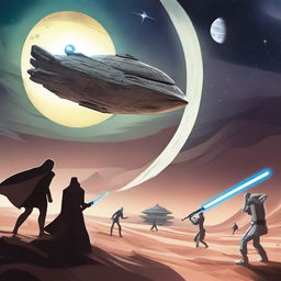 Create an image inspired by the Star Wars universe, featuring iconic elements such as lightsabers, starships, and characters like Jedi and Sith