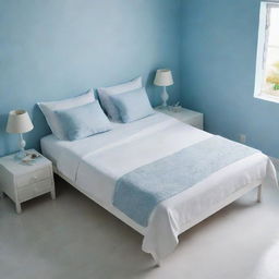 A close-up, birds-eye view of a pristine white bed with matching cushions in a girl's organized room, set in a Latin American locale, featuring a sky-blue wall and white tiled floor, with the main focus being the meticulously tidy white bed.