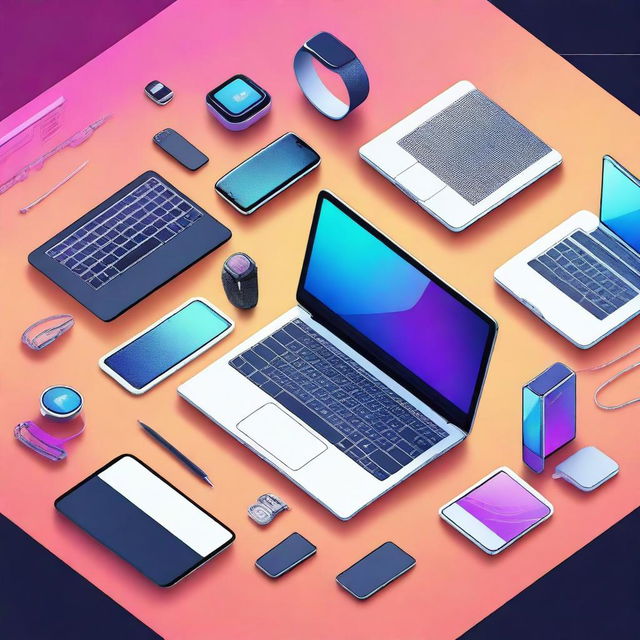 A detailed and vibrant image showcasing various modern electronics such as smartphones, laptops, tablets, and smartwatches