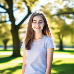 A teenage girl standing in a park, wearing casual clothes and smiling