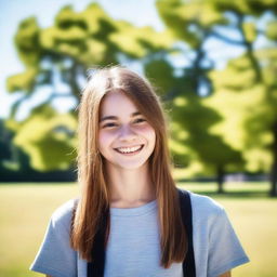 A teenage girl standing in a park, wearing casual clothes and smiling