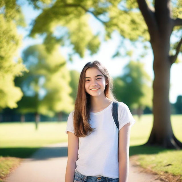 A teenage girl standing in a park, wearing casual clothes and smiling